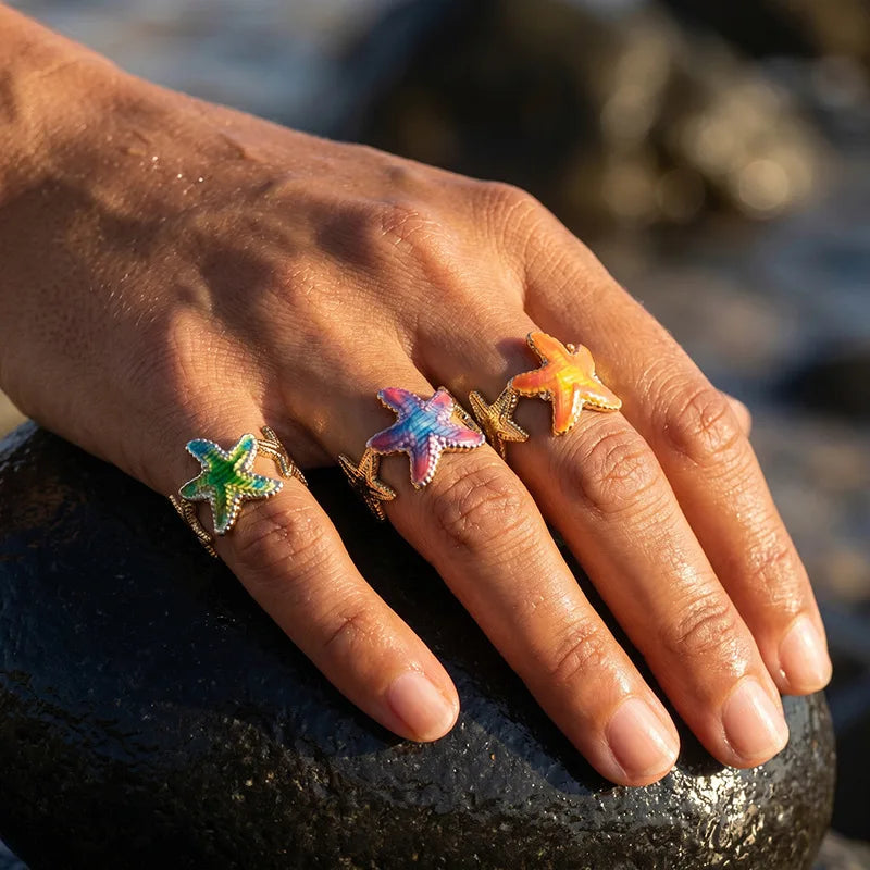 Ocean-Style Women's Stainless Steel Rings Colorful Dripped-Oil 18K Cold Plated Waterproof Open Rings MegaBDM