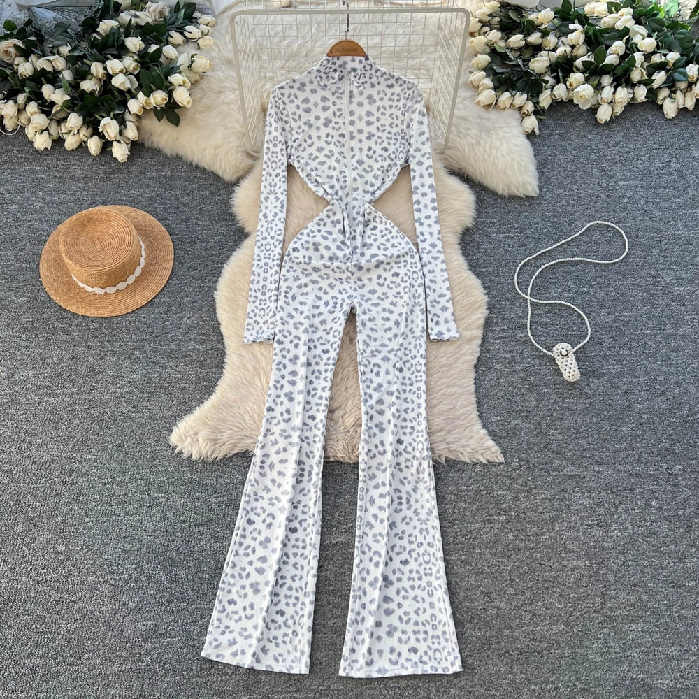 Fall Y2K Turtleneck Jumpsuit for Women Long Sleeve High Waist Leopard Zipper Lace Jumpsuit Wholesale