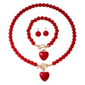 Fashionable Red Jewelry Set for Women Trendy Pearl Earrings Alluring Heart Necklace and Delightful Bracelet for Valentine's Day