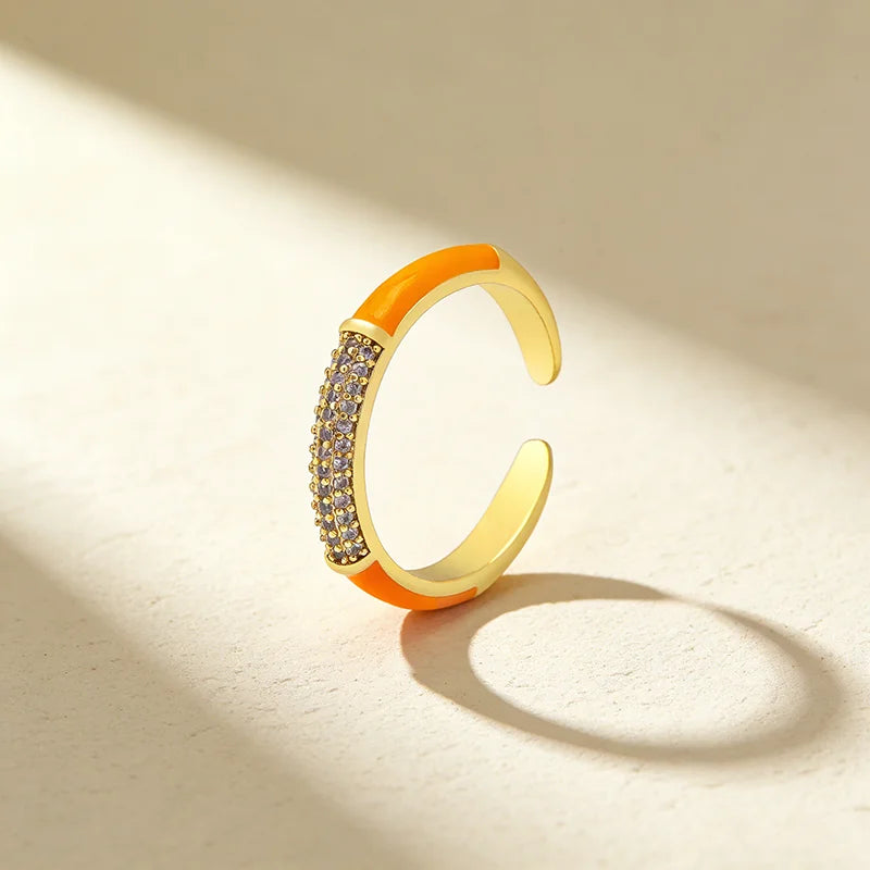 QIKU Simple Style Enamel Paved Zircon Fashion Wedding Ring Women 5 Colors Opening Adjustable Copper Jewelry Accessories Gift