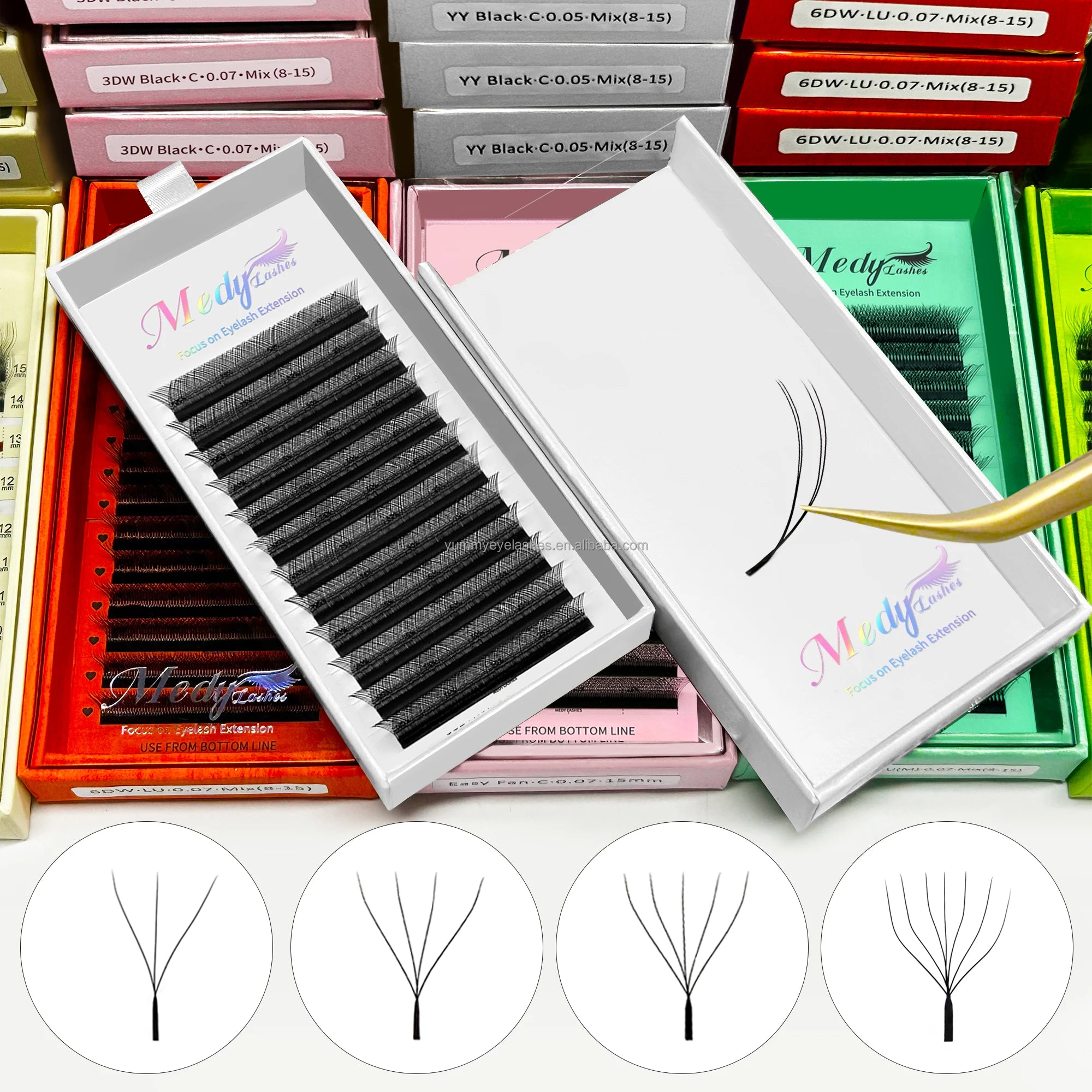 MedyLash Matte Black Brown Clover Lash Extensions C d Curl V Y Shape 3D 4D 5D 6D W Yy 0.05 0.07 Eyelash Extension