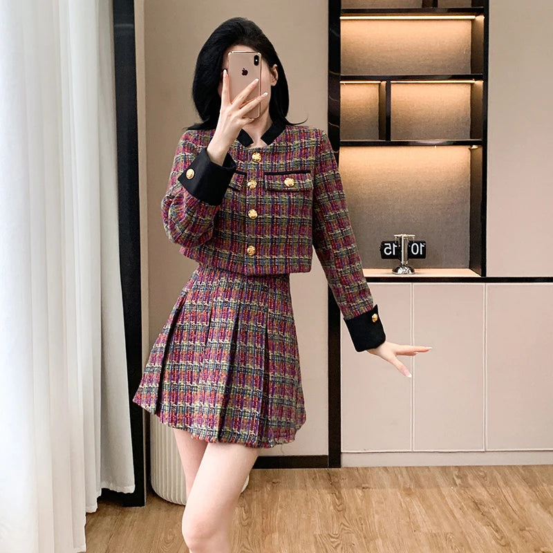 Fall Elegant 2 Piece Set for Women Top And Plaid Patchwork Hand-Painted Skirts Set Clothing Wholesale