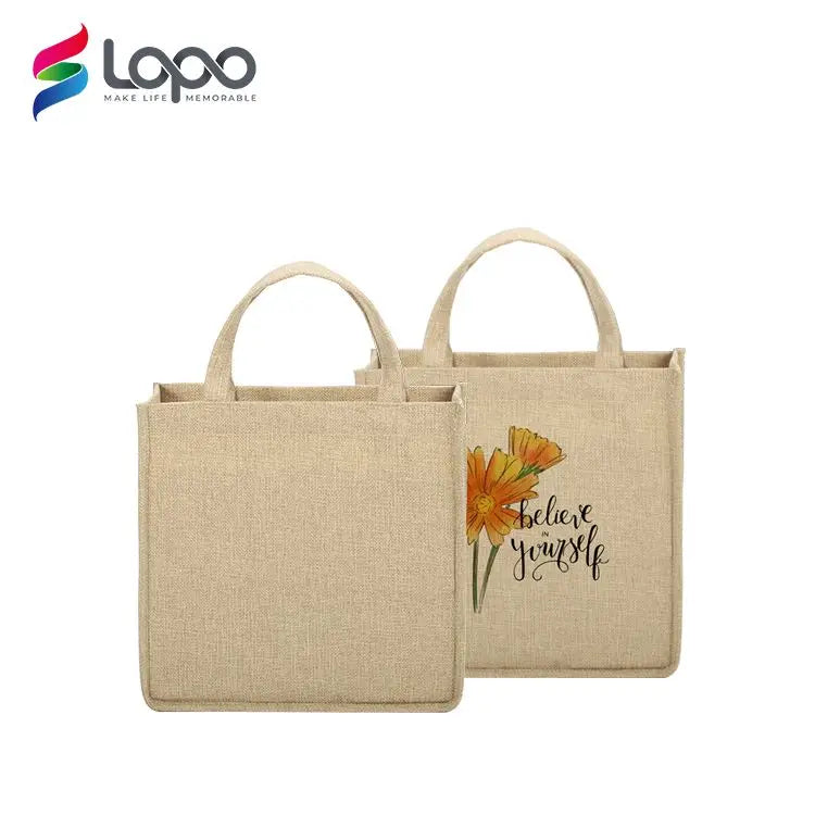 LOPO Small Square Natural Linen Jute Sublimation Tote Bag with Gusset Personalized Top Handle and Hand Length MegaBDM