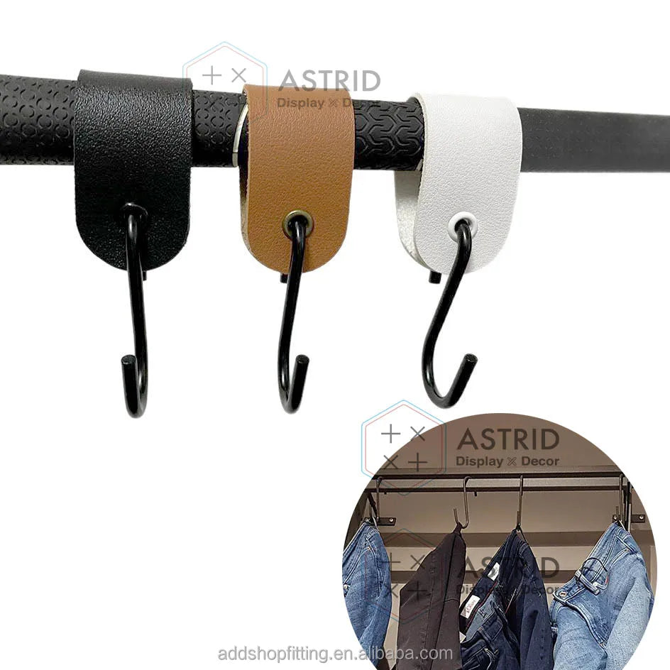 Custom gold logo leather clothes hanger jeans pants display hook for shop display