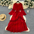 Spring Roman Tunic Slim Bandage Casual Midi Dress For Women Flare Sleeve Empire 3D Beaded Lace Dress