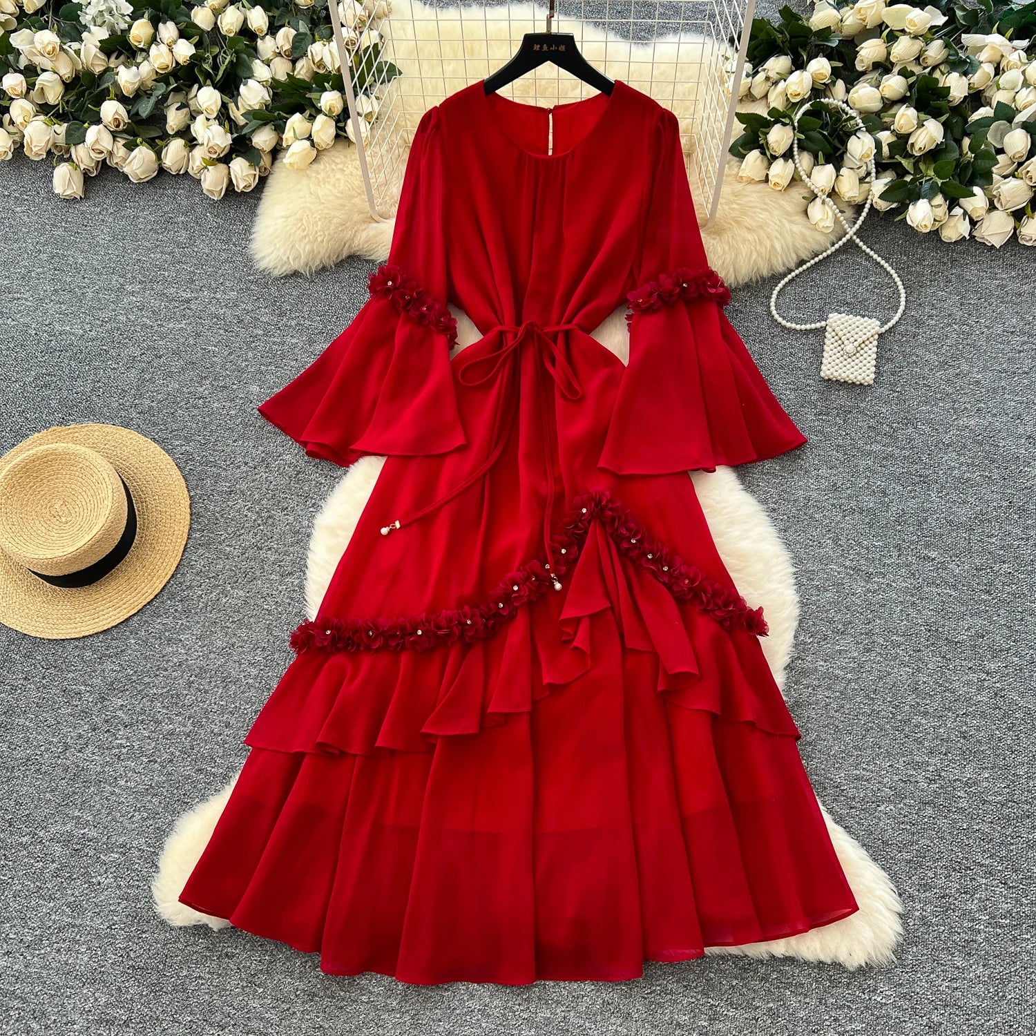 Spring Roman Tunic Slim Bandage Casual Midi Dress For Women Flare Sleeve Empire 3D Beaded Lace Dress