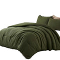 Olive Green Comforter Sets Full Size Boho Bedding Comforter Set With Pom Poms Fringe Design Lightweight