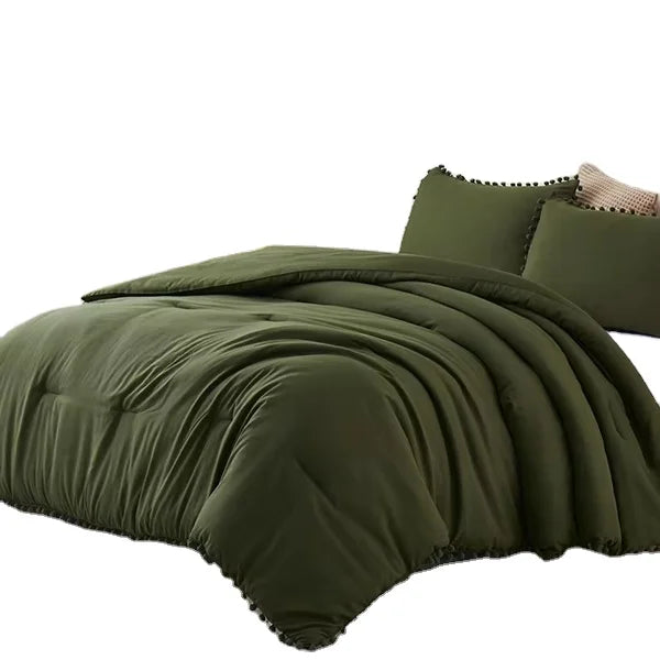 Olive Green Comforter Sets Full Size Boho Bedding Comforter Set With Pom Poms Fringe Design Lightweight