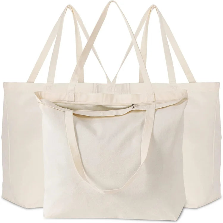 Custom Logo Printed Reusable Plain Organic Cotton Canvas Tote Shopping Bag with Zipper