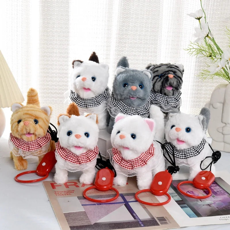 Cute Simulation Mewing Walking Electric Plush Cat Toy Animals with Rope for Kids