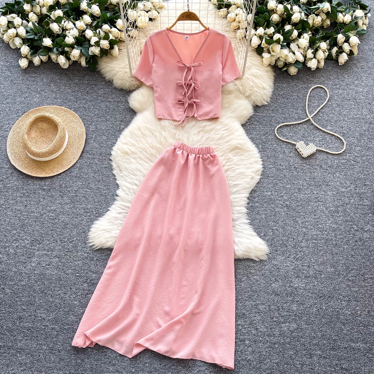 Summer Roman 2 Piece Set for Women V-Neck Bandage Top And High Waist Skirts Set Ropa Wholesale