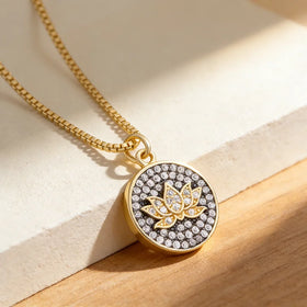 QIKU Vintage Lotus/Elephant Round Coin Copper Zircon Women Necklace Exquisite Crystal Pendant Micro Pave Jewelry Gift Wholesale