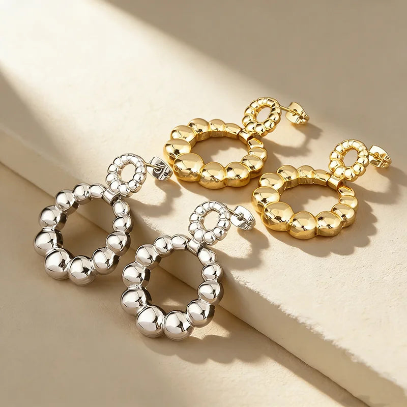 QIKU Elegant Fine Copper Gold Silver Stud Earrings Double Circle Design for Women Daily Wear Party Jewelry Gift