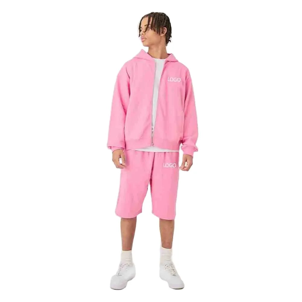 Custom Pink Hoodie Shorts Set for Men Women Winter Drawstring Streetwear 2 Piece Tracksuit Logo Design 100% Cotton Oversized