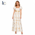 Elegant Ivory Womens Floral Jacquard Maxi Dress Square Neck Puff Sleeve High Waist a Line Formal Party Gown MegaBDM