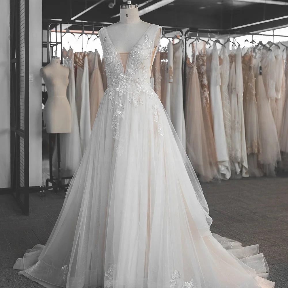 Jancember LSSG045 Casual V-neck Sleeveless Bridal Wedding Dresses for Women