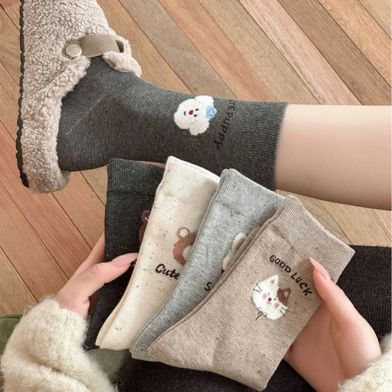 Spring and Autumn Women's Cute Cartoon Animal Socks Solid Color Sweat-absorbing Cotton Socks MegaBDM