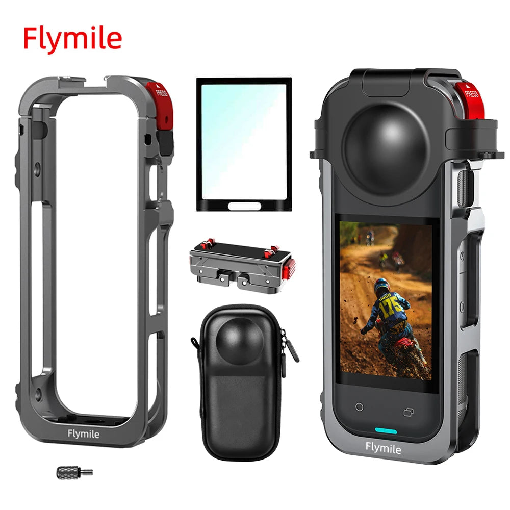 Flymile X5 Cage Metal Protective Case for Insta360 X5 Accessories Camera Aluminum Alloy Frame Cage with Silicone Lens Cover