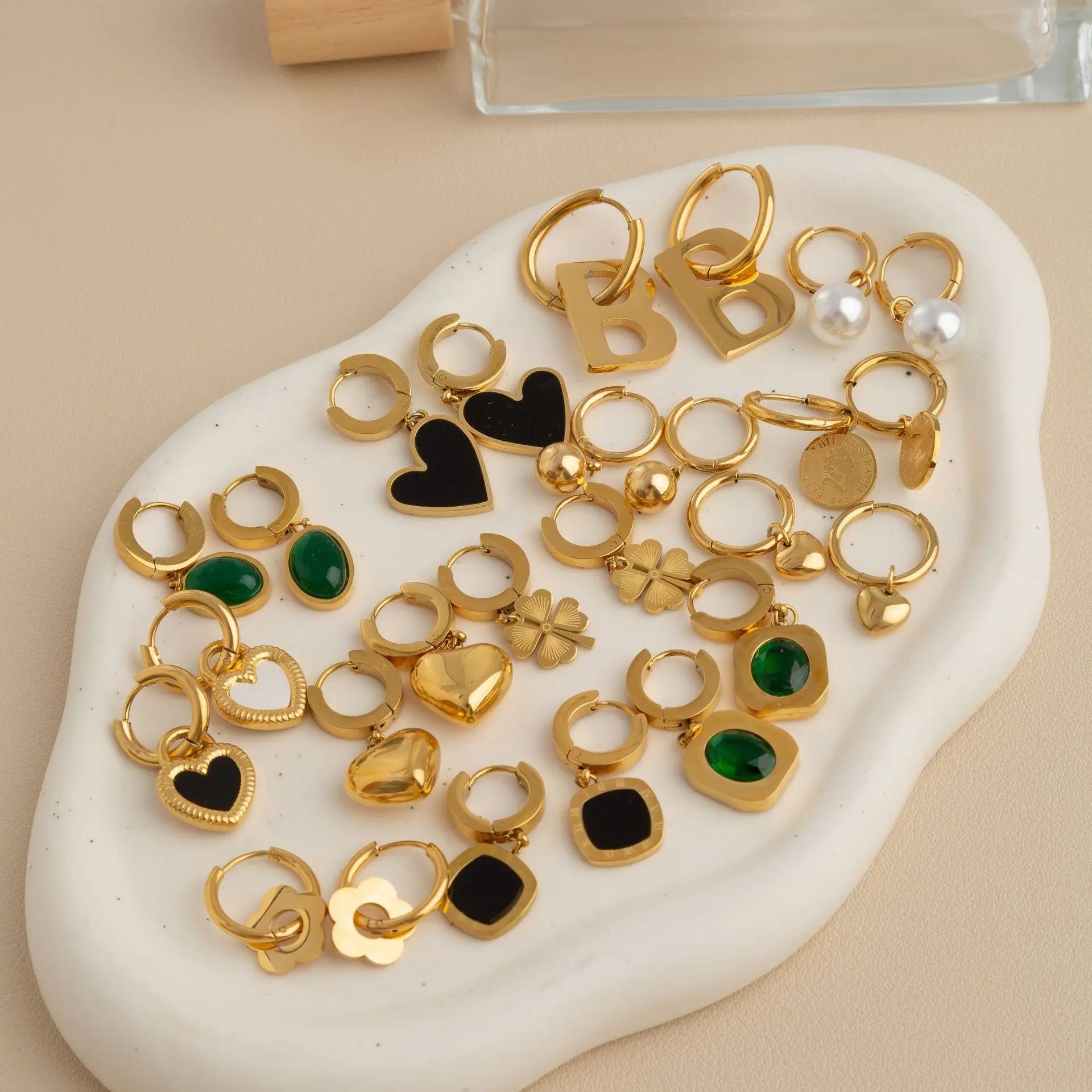 New Punk Stainless Steel Piercing Dangle Earrings for Women Hoops Gold Color Heart Flowers Leaves Pendant Earrings