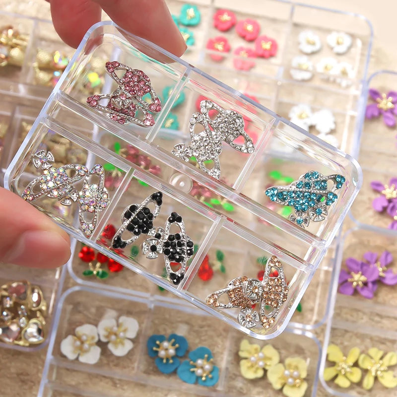 Wholesale Nails Accessory Metal Alloy Cherry Bear Flower 6 Grid Mixed Design Decoration Trendy Nail Accessories MegaBDM