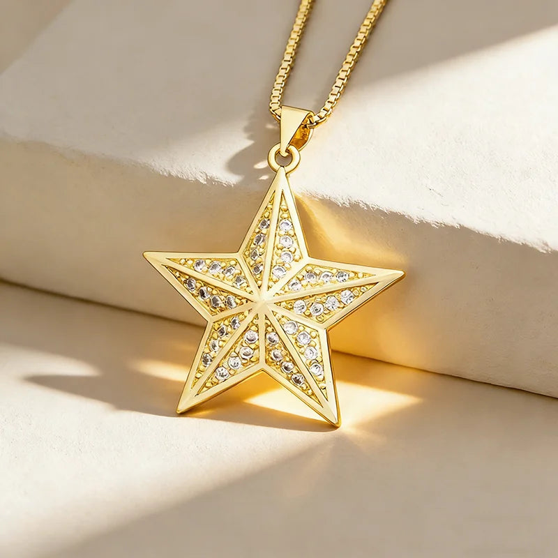 QIKU Trendy Star Pendant Necklace 18K Gold Plated Copper Zircon Women's Gift for Party Wedding