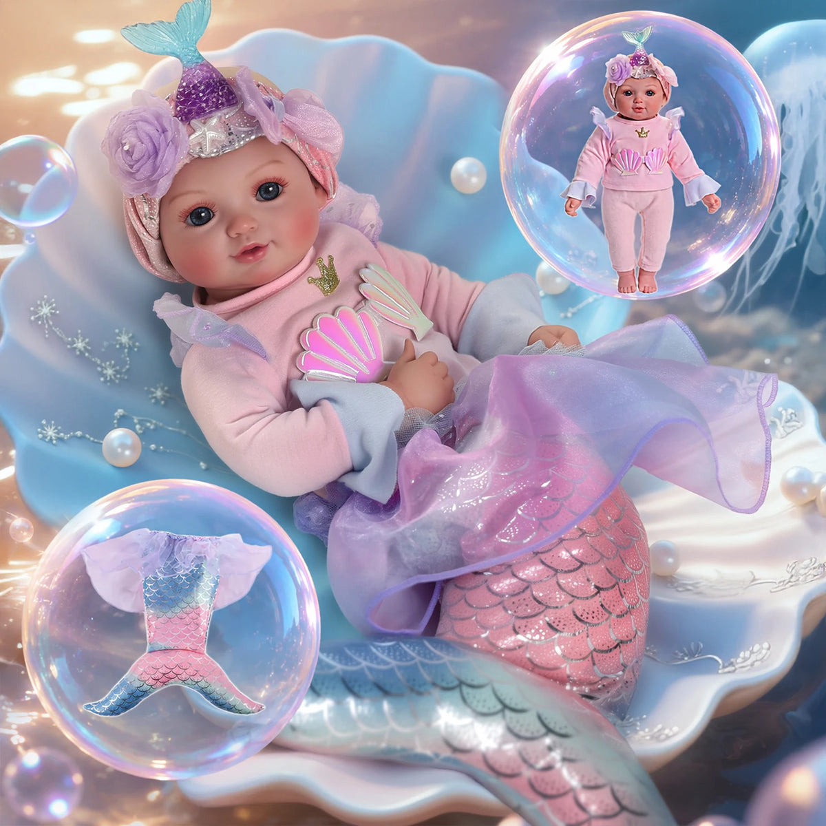 Babeside Winter 17 Inch Mermaid Reborn Baby Doll Girl Vinyl Cloth Body Realistic Baby Doll Christmas Gift Ready to Ship MegaBDM