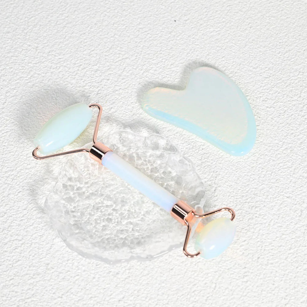 2026 Top Skincare Set:Gold Frame Opal Stone Face Jade Roller & Heart Shape White Gua Sha Skincare Tool Set for 6 Skin Benefits