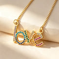 QIKU Letter Love Copper Zircon Rainbow Women Necklace Colorful Rhinestone Pendant Chain Jewelry Accessories Valentine's Day Gift