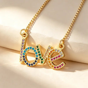 QIKU Letter Love Copper Zircon Rainbow Women Necklace Colorful Rhinestone Pendant Chain Jewelry Accessories Valentine's Day Gift