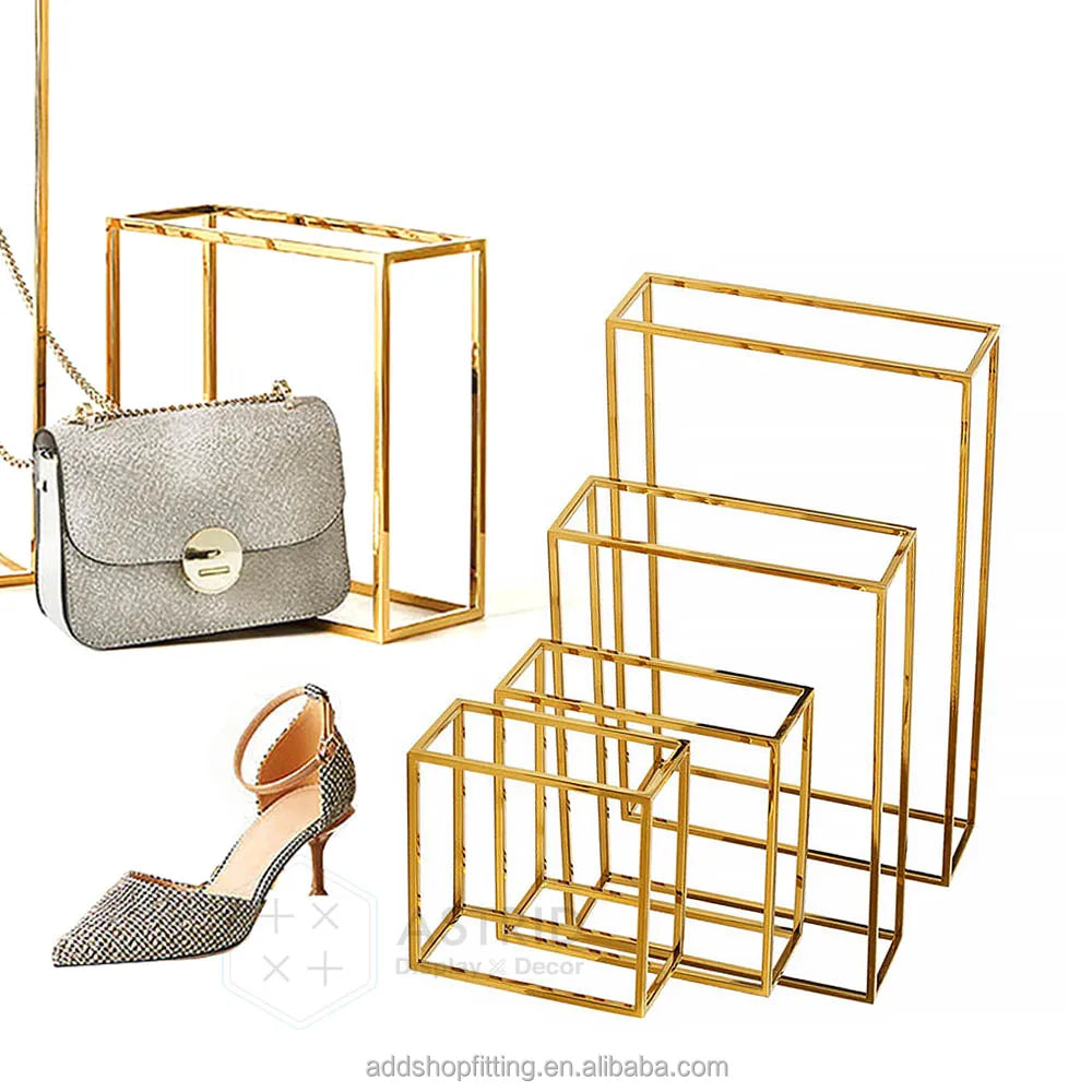 Modern Eco-Friendly Gold Stainless Steel Cube High Heels Bag Purse Display Stand for Window Display
