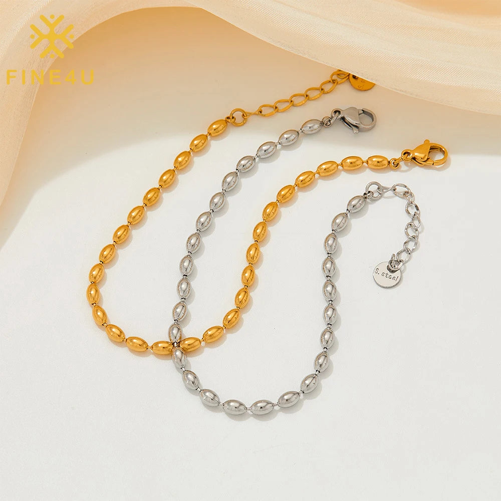 Wholesale Hypoallergenic Waterproof Stainless Steel Jewelry Gold Plated Oval Rice Bead Link Chain Bracelet for Women MegaBDM