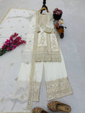 Elegant White Chinon Silk Kurta Set Gold Embroidery for Women's Wedding Party Traditional Ethnic Wear Quick Dry Wrinkle Free All MegaBDM