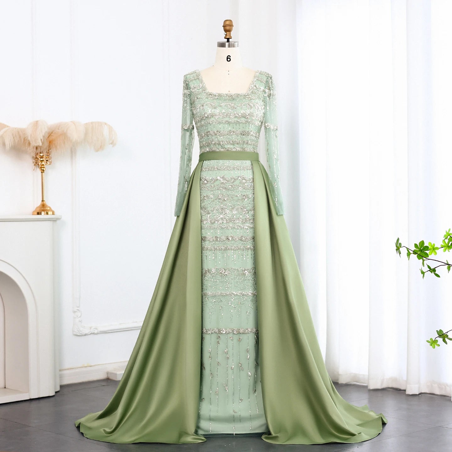 For Jancember LSZ238A Generous Square Collar Beading Sequins Belt Mermaid Floor-Length Evening Overskirt 3D Crystal for Parties