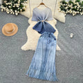 Casual 2 Piece Set for Women Tunic Asymmetric Bandage Top And High Waist Pleated Skirts Set American Clothing Wholesale