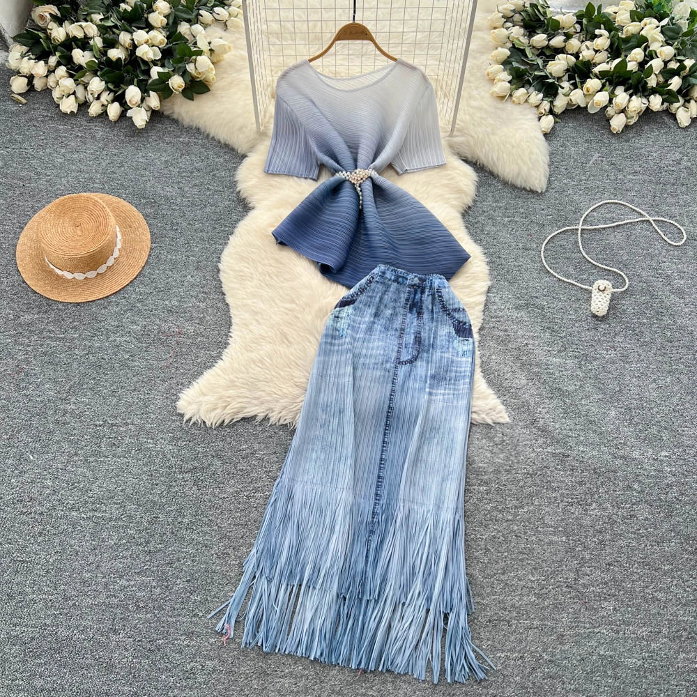 Casual 2 Piece Set for Women Tunic Asymmetric Bandage Top And High Waist Pleated Skirts Set American Clothing Wholesale
