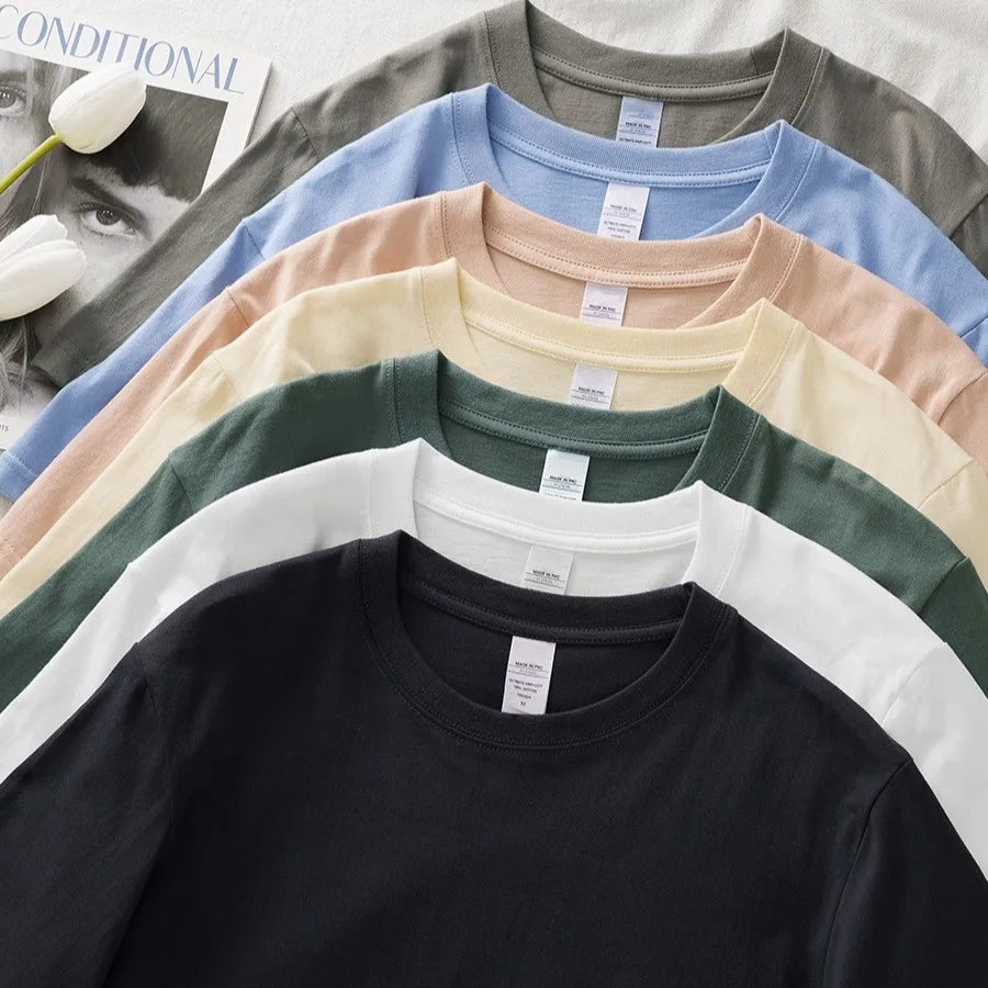 Wholesale and Bulk 230G 95% Cotton Unisex T Shirt Japanese Korean Style Loose Fit Crew Neck Short Sleeve Solid Color Casual