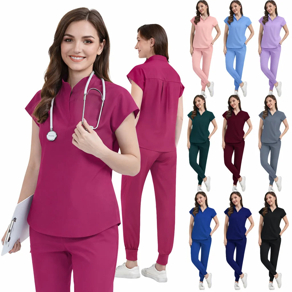 Oem Customized logo Pure Design Unisex Stand Collar Solid Color Thin Women's Elastic Scrub Dress Set Scrub Suit Nurse Suit MegaBDM