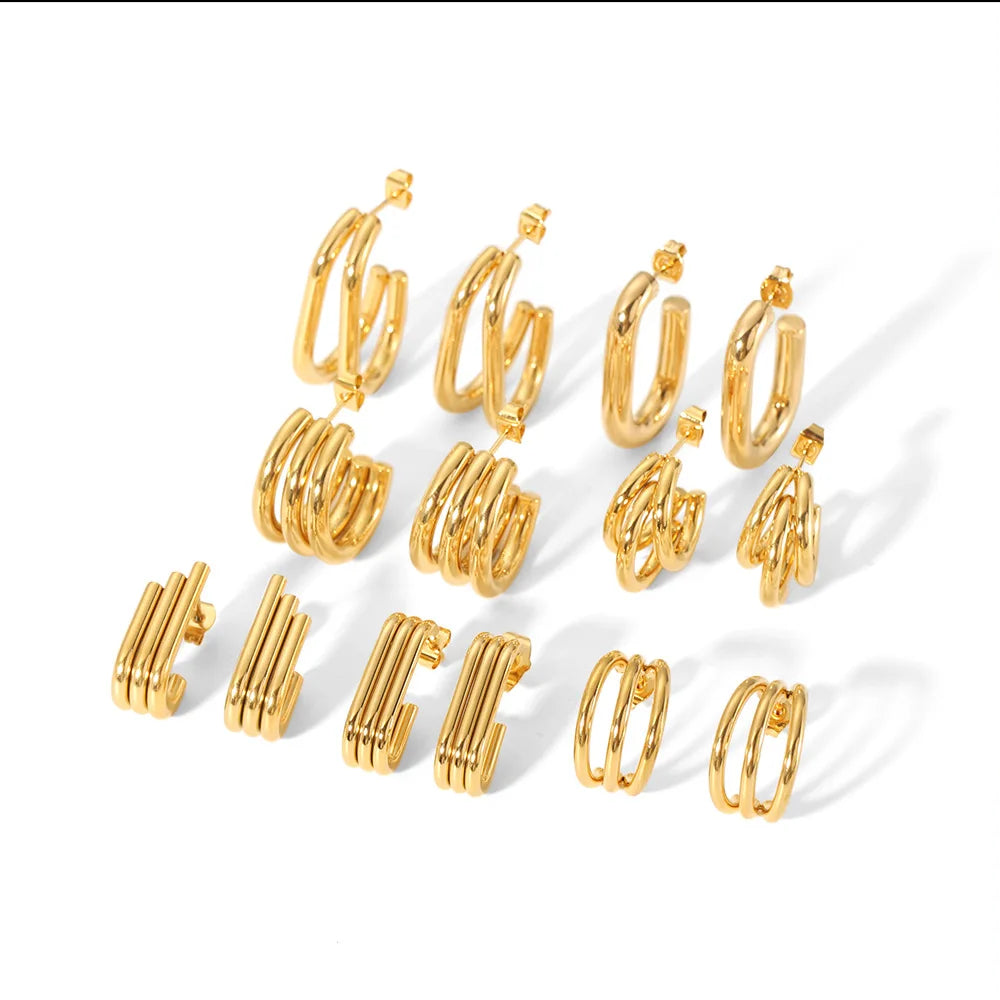 Minimalist Triple Hoop Stud Earrings Set PVD 18K Gold Plated Stainless Steel Multi Layered Wire Earrings Women Daily Jewelry MegaBDM