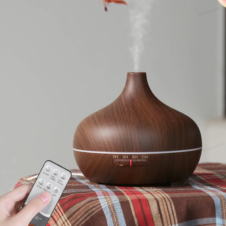 Portable 300ml Ultrasonic Humidifier 7 Color Smart Aroma Diffuser Wood Grain Essential Oil Diffuser Whit Remote Control Timer