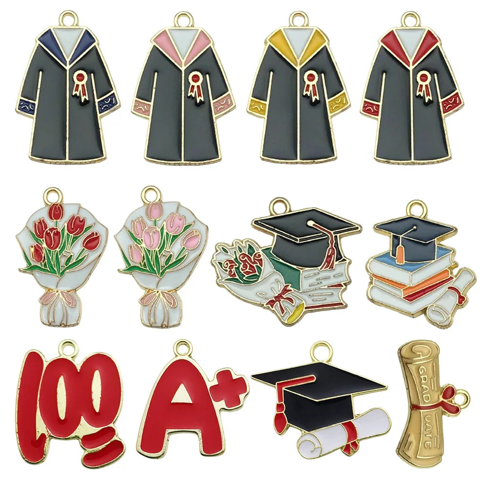 Graduation Cap Gown Diploma Charms Assorted Enamel Gold Tone Alloy for Commencement Keepsake Jewelry MegaBDM