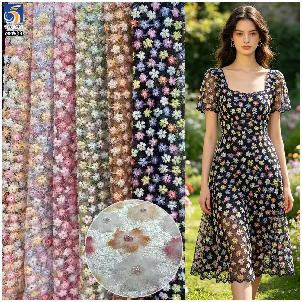 YX1541 3D Multicolor Floral Embroidered Mesh Fabric With Pearl Beads for Evening Dresses and Women's Fashion MegaBDM