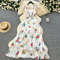 Spring Roman V-Neck Tunic Casual Midi Dress For Women Empire Printed Ruffled Lace Dress