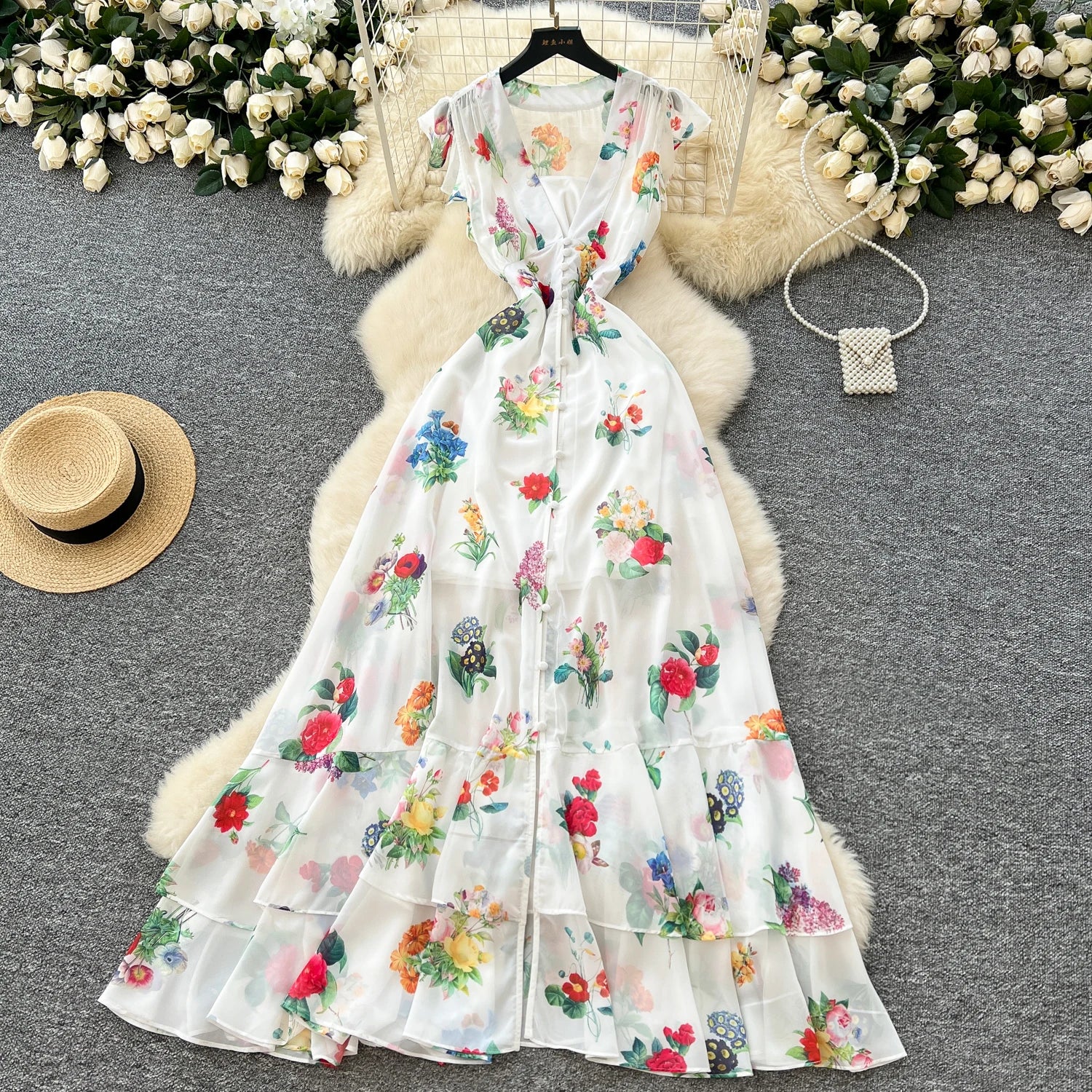 Spring Roman V-Neck Tunic Casual Midi Dress For Women Empire Printed Ruffled Lace Dress