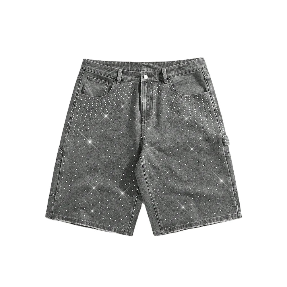 Wholesale Custom Eco-Friendly Solid Grey Rhinestone High Street Jorts Shorts Streetwear Oversized Diamonds Hip Hop Raw Hem