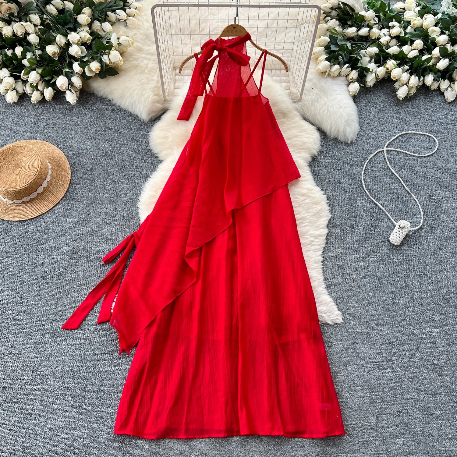 Summer Fairycore Halter Asymmetric Casual Midi Dress For Women Empire Lace Dress