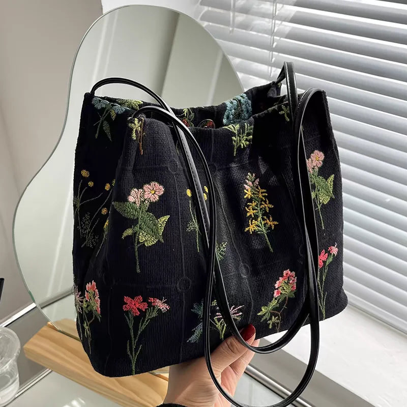 Embroidery Print Tote Bag Women 2025 Spring Summer New Fashion Large Capacity Canvas Shoulder Crossbody Bucket Bag MegaBDM