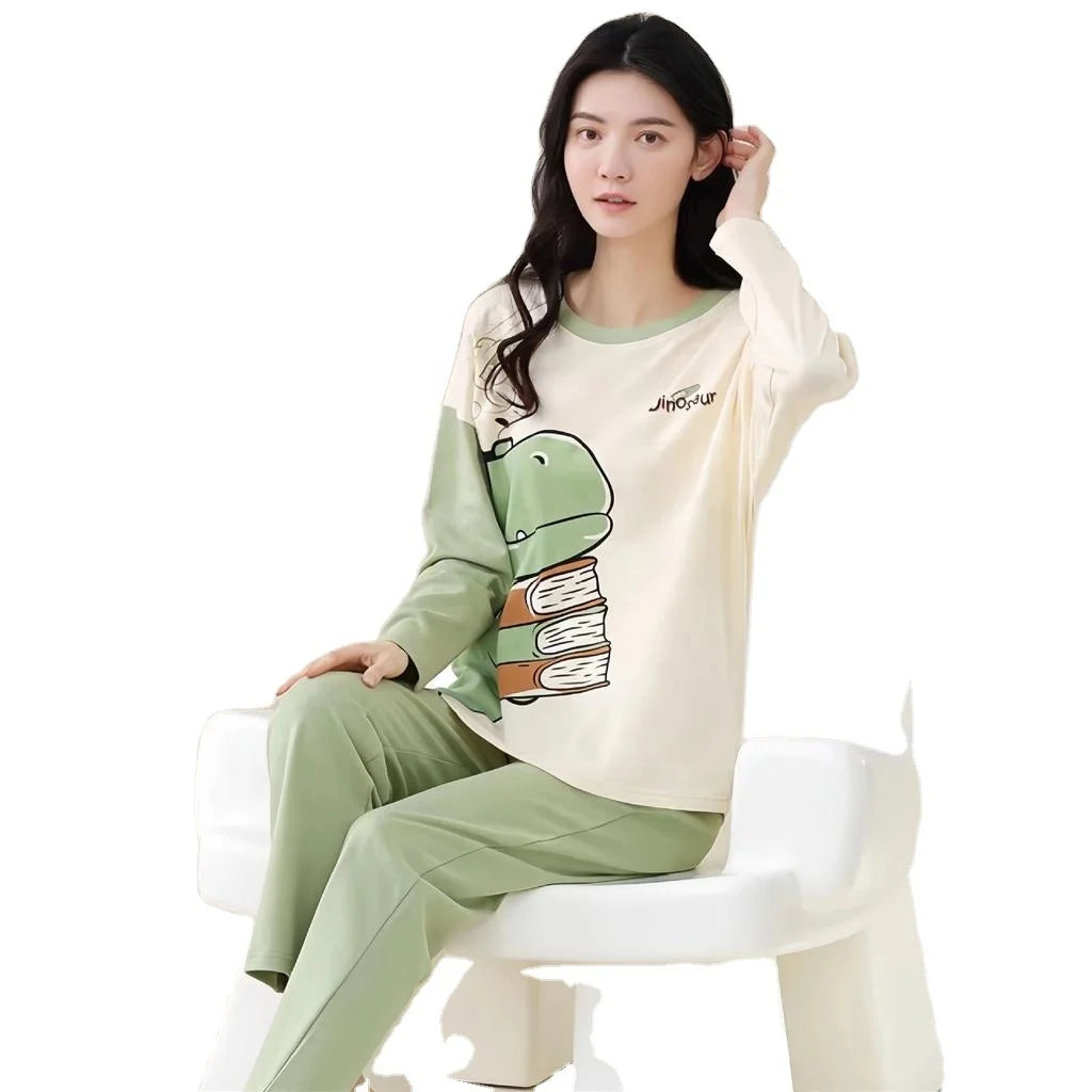 Women's 100% Cotton Elegant Pyjamas Set Biowashed Knitted Jersey Summer Autumn Spring Custom Pattern Letter Printed Sleep Wear