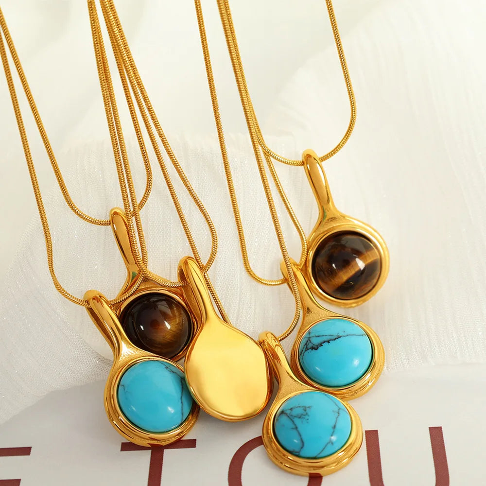 Vintage Fashionable Minimalist Jewelry Stainless Steel 18K Gold Plated Geometric Shape Turquoise Lab Created Pendant Necklaces