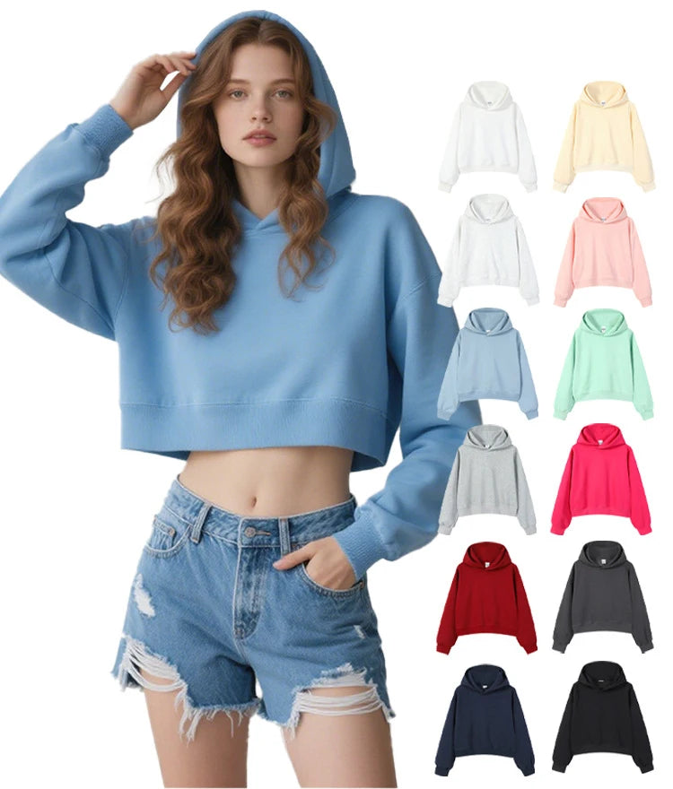 OEM Customized Logo Embroidery Design Long-sleeved Top 350g Women Heavyweight Short Pure Cotton Hooded Sweatshirt Hoodie MegaBDM