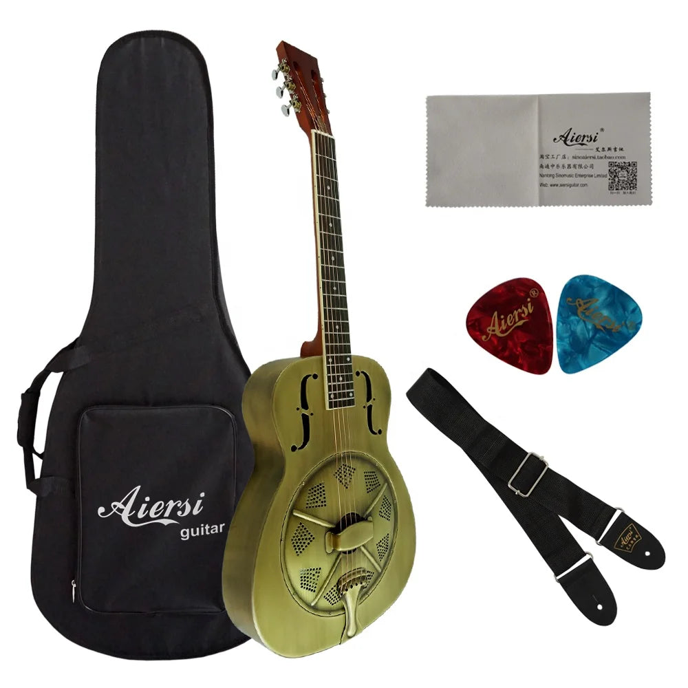 China Aiersi Style O Gloss Brass Metal Body Vintage Single Cone Biscuit Bridge Acoustic Resonator Guitar Blues String Instrument MegaBDM